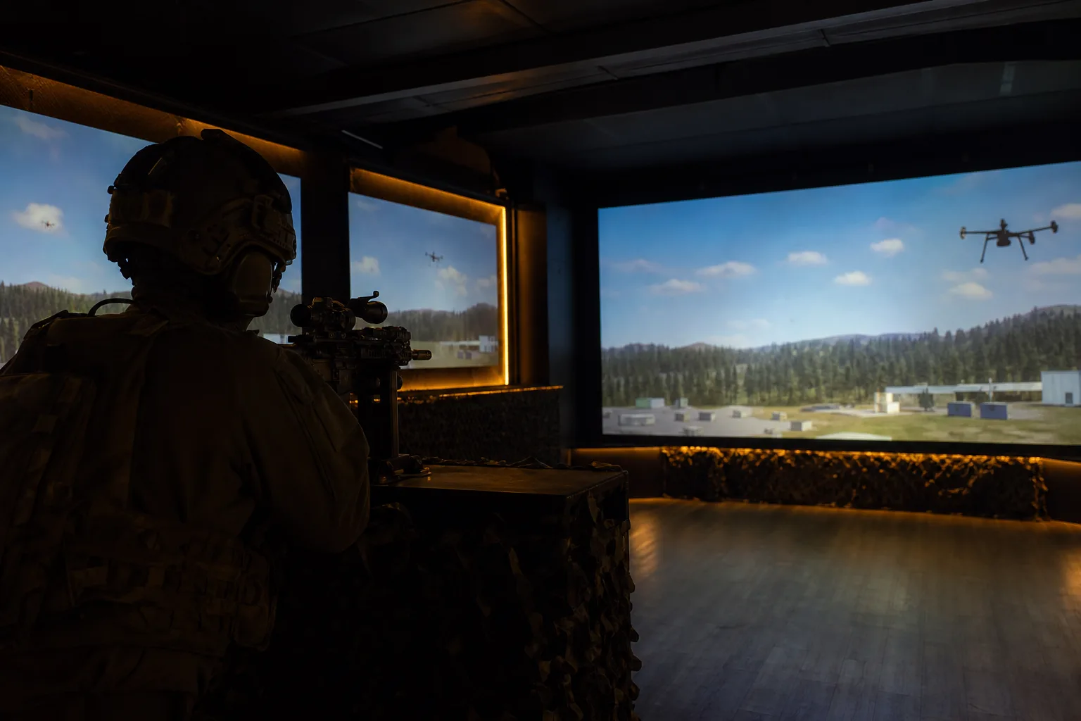 Defense counter-UAS training simulator with tactical projection screens
