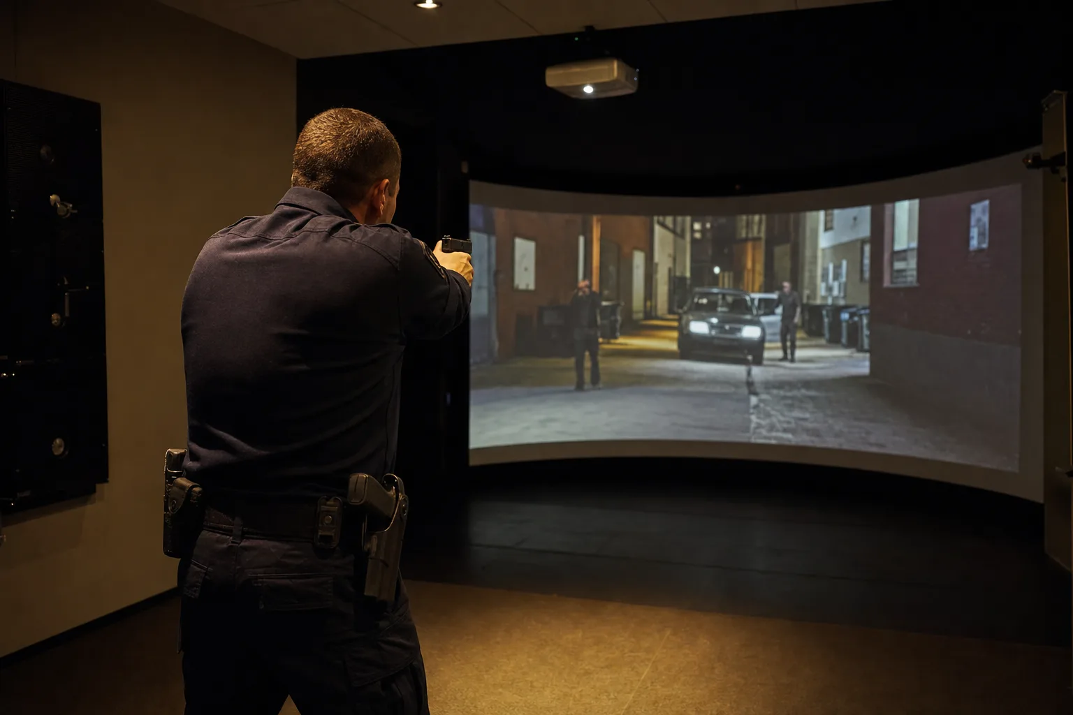 Law enforcement officer training in an indoor Marksman simulator